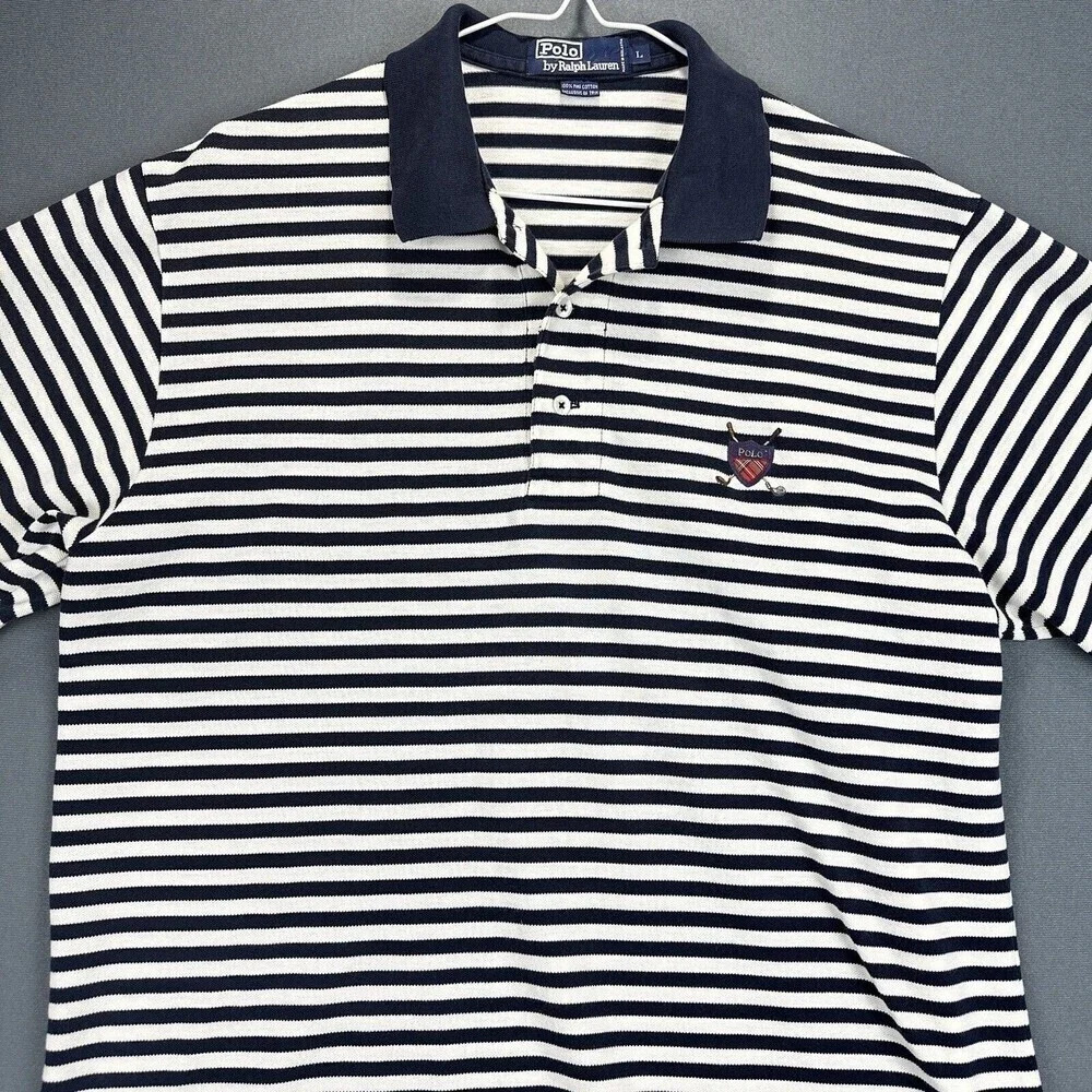 Ralph Lauren Polo Shirt Mens Large Navy Striped Shield Short Sleeve Fine Cotton